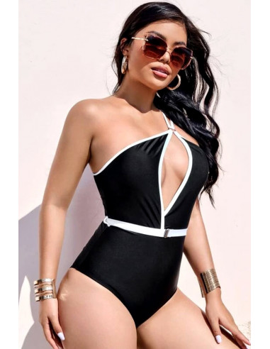 Costum de baie intreg, asimetric, decolteu adanc, contur contrastant si curea