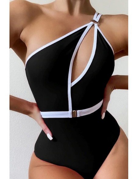 Costum de baie intreg, asimetric, decolteu adanc, contur contrastant si curea