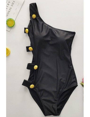 Costum de baie intreg, asimetric, laterala decupata, cu barete si nasturi mari