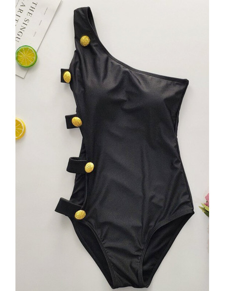Costum de baie intreg, asimetric, laterala decupata, cu barete si nasturi mari