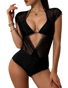 Costum de baie doua piese, slip cu top transparent si decoltat, sutien simplu