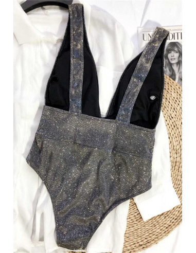 Costum de baie intreg elegant, argintiu cu sclipici, decolteu adanc in V