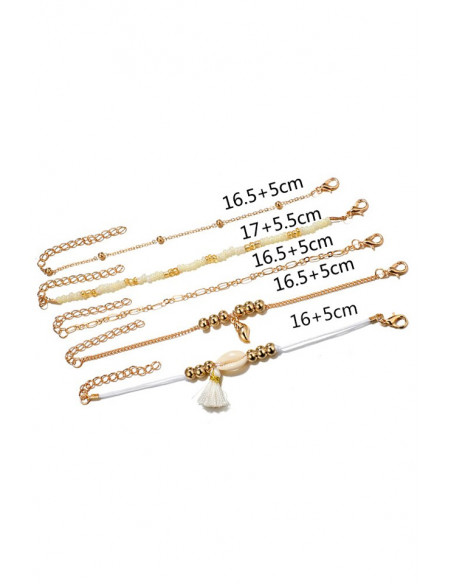 Set 5 bratari de glezna, lantisoare si snur cu scoica, melc, margelute si canaf