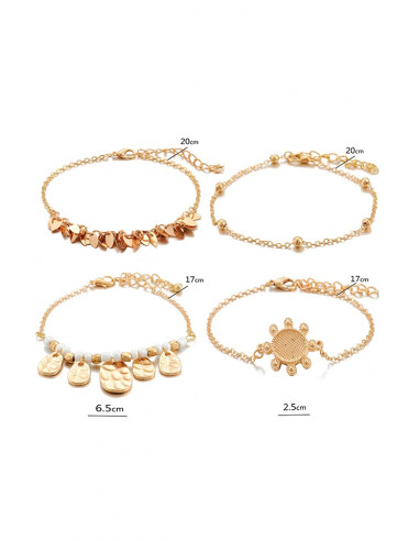 Set 4 bratari elegante, cu soare, margelute si frunzulite metalice
