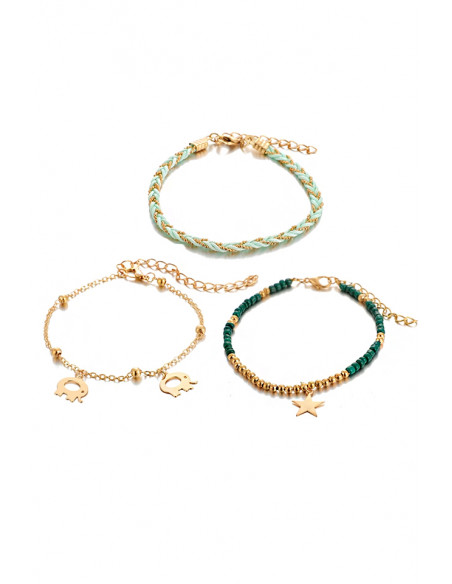 Set 3 bratari de glezna, snururi impletite, elefantei, steluta si margelute