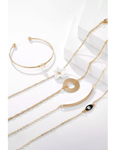 Set 5 bratari elegante, cu floare, disc, Nazar, cristal si cerc fix