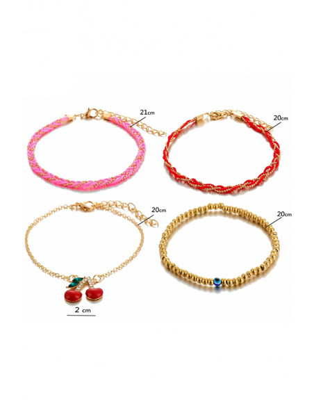 Set 4 bratari de glezna, cirese cu cristale, snururi si lantisoare impletite, margelute si Nazar