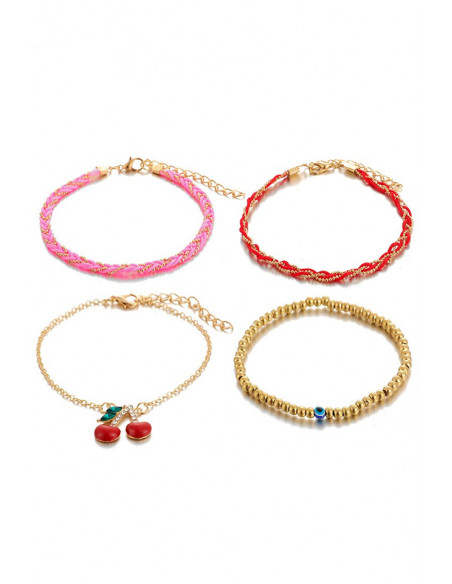 Set 4 bratari de glezna, cirese cu cristale, snururi si lantisoare impletite, margelute si Nazar