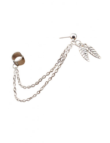 Cercel tip ear cuff, doua frunze cu lantisoare si biluta