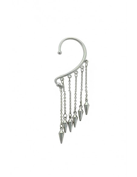 Cercel tip ear cuff, model punk cu lanturi scurte, terminate cu tepi mici, prindere dupa ureche