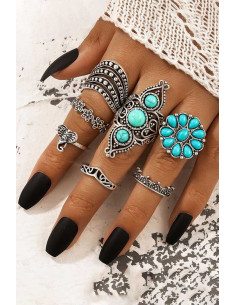 Set 7 inele boho cu flori, elefantei, coronite si margele