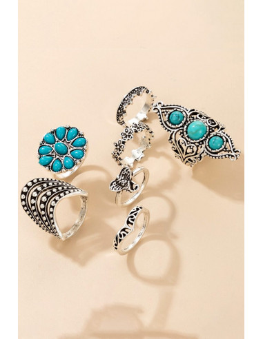 Set 7 inele boho cu flori, elefantei, coronite si margele