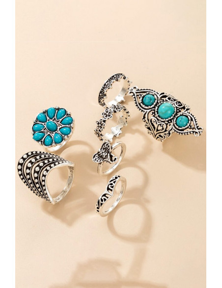 Set 7 inele boho cu flori, elefantei, coronite si margele