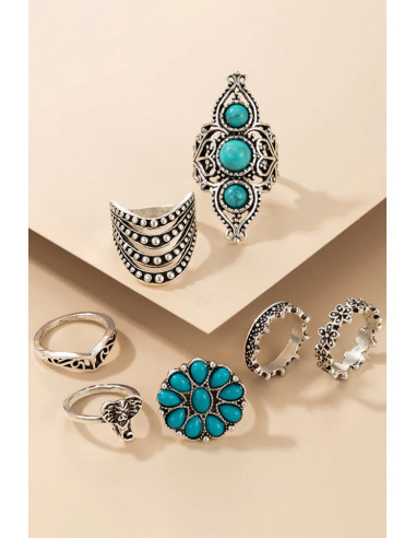 Set 7 inele boho cu flori, elefantei, coronite si margele