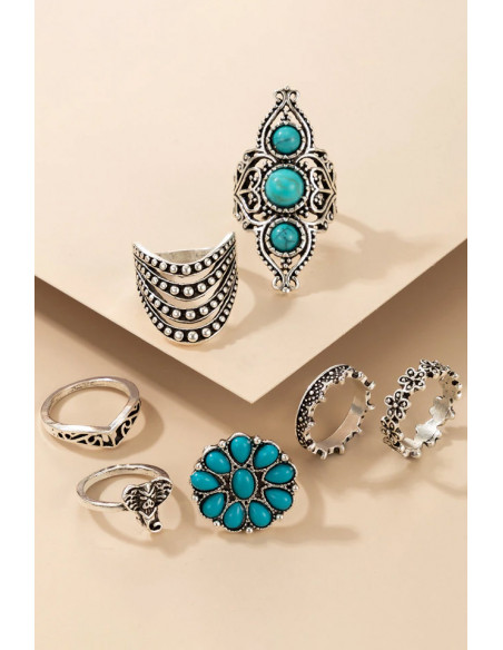 Set 7 inele boho cu flori, elefantei, coronite si margele