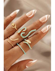 Set 8 inele boho minimal, verigute cu serpi, trandafir si margelute turcoaz