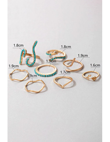 Set 8 inele boho minimal, verigute cu serpi, trandafir si margelute turcoaz