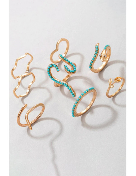 Set 8 inele boho minimal, verigute cu serpi, trandafir si margelute turcoaz
