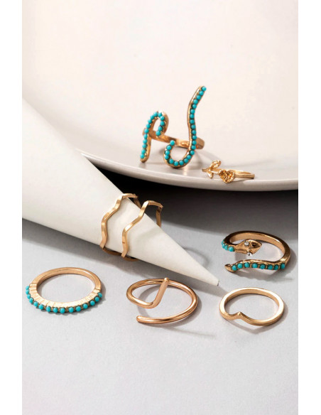 Set 8 inele boho minimal, verigute cu serpi, trandafir si margelute turcoaz