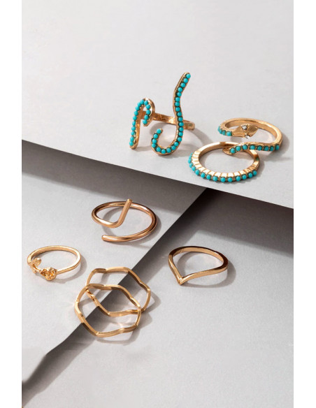 Set 8 inele boho minimal, verigute cu serpi, trandafir si margelute turcoaz