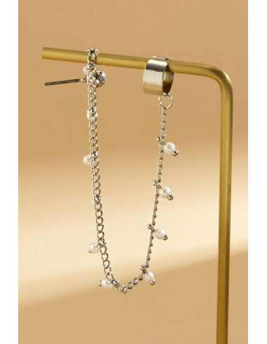 Cercel ear cuff elegant, cuff cu lantisor cu perle mici si prindere dubla