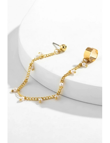 Cercel ear cuff elegant, cuff cu lantisor cu perle mici si prindere dubla