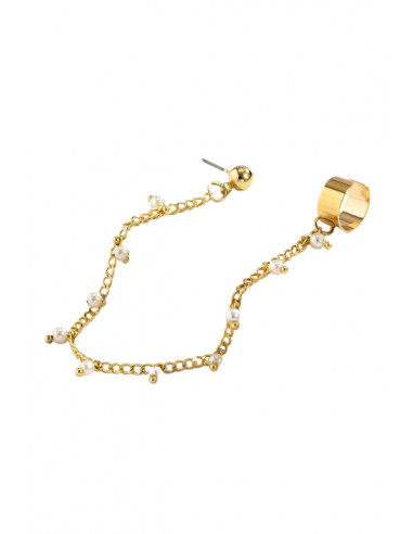 Cercel ear cuff elegant, cuff cu lantisor cu perle mici si prindere dubla