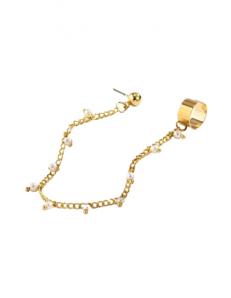 Cercel ear cuff elegant, cuff cu lantisor cu perle mici si prindere dubla