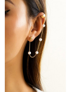 Cercel ear cuff elegant, cuff cu perle mari pe lantisor si prindere dubla