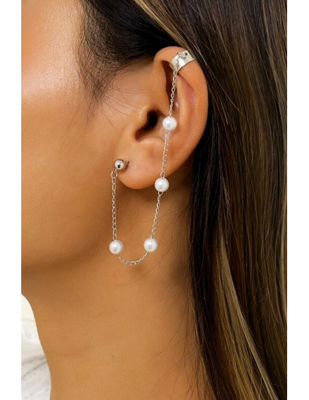Cercel ear cuff elegant, cuff cu perle mari pe lantisor si prindere dubla