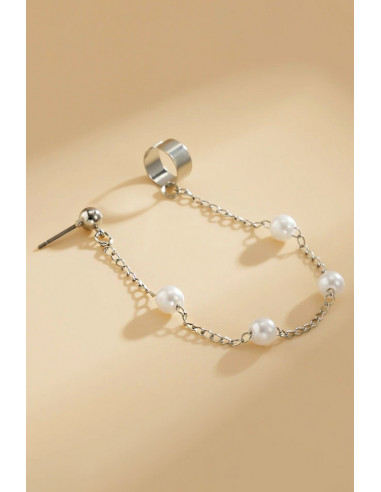 Cercel ear cuff elegant, cuff cu perle mari pe lantisor si prindere dubla
