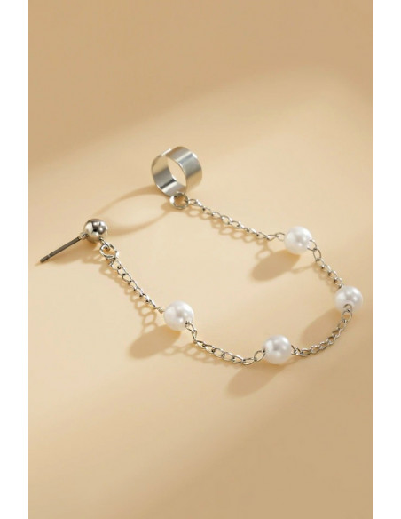 Cercel ear cuff elegant, cuff cu perle mari pe lantisor si prindere dubla