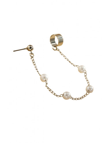 Cercel ear cuff elegant, cuff cu perle mari pe lantisor si prindere dubla