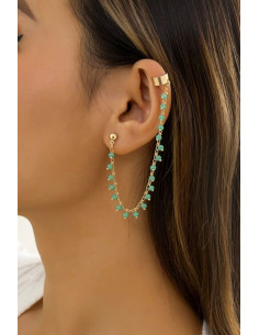 Cercel ear cuff elegant, cuff cu lantisor si margelute mici turcoaz, prindere dubla
