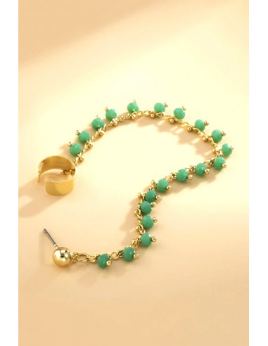 Cercel ear cuff elegant, cuff cu lantisor si margelute mici turcoaz, prindere dubla