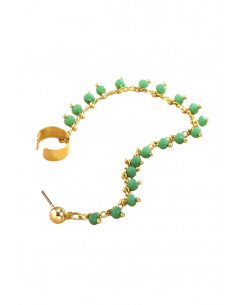 Cercel ear cuff elegant, cuff cu lantisor si margelute mici turcoaz, prindere dubla 2