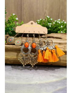 Set de 3 perechi de cercei boho, medalioane picaturi, dreamcatcher cu  canafi, margelute metalice 2