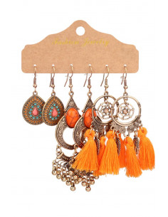 Set de 3 perechi de cercei boho, medalioane picaturi, dreamcatcher cu  canafi, margelute metalice