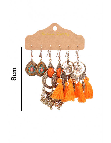 Set de 3 perechi de cercei boho, medalioane picaturi, dreamcatcher cu  canafi, margelute metalice