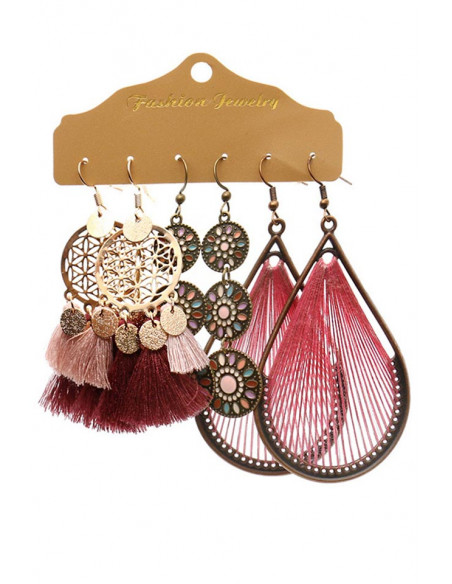 Set de 3 perechi de cercei boho, discuri pictate, decupate, medalioane cu fir textil