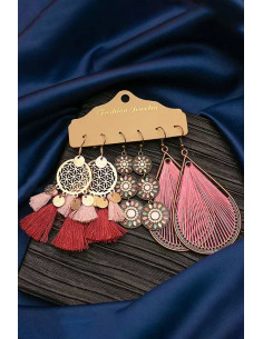 Set de 3 perechi de cercei boho, discuri pictate, decupate, medalioane cu fir textil 2