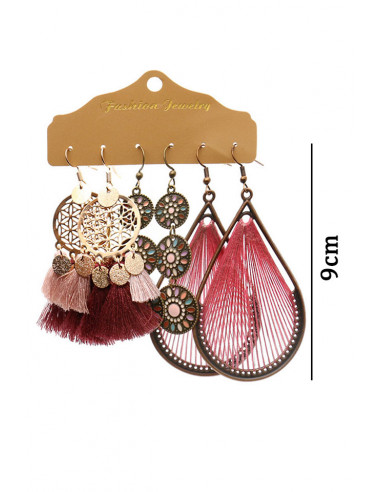 Set de 3 perechi de cercei boho, discuri pictate, decupate, medalioane cu fir textil