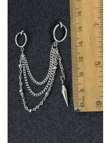 Cercel ear cuff punk cu prindere dubla, trei lantisoare si tep metalic