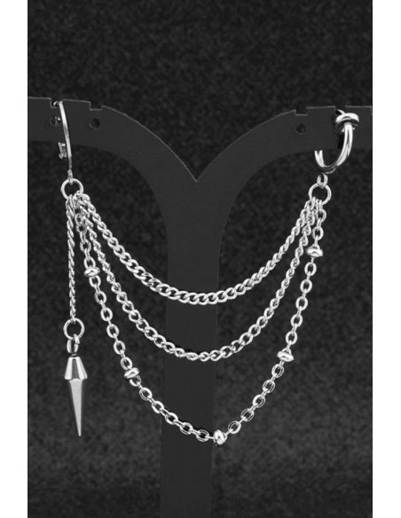 Cercel ear cuff punk cu prindere dubla, trei lantisoare si tep metalic