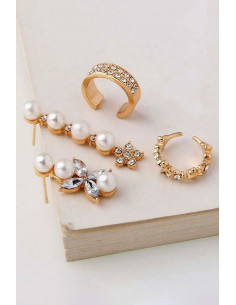 Set elegant de cercei si ear cuff, verigute si floricele, cu cristale si perle 2