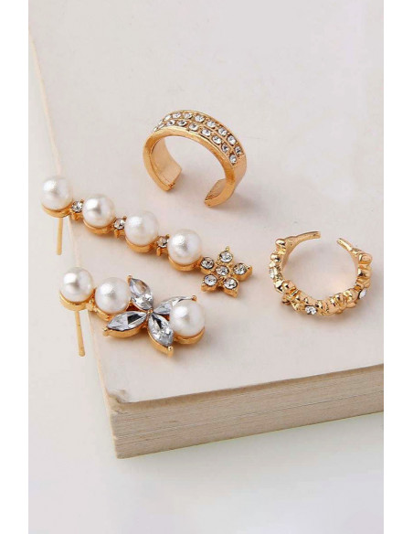 Set elegant de cercei si ear cuff, verigute si floricele, cu cristale si perle