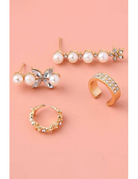 Set elegant de cercei si ear cuff, verigute si floricele, cu cristale si perle