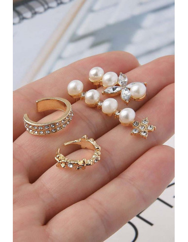 Set elegant de cercei si ear cuff, verigute si floricele, cu cristale si perle