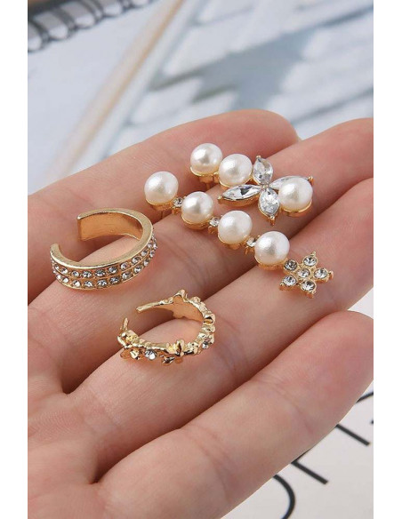 Set elegant de cercei si ear cuff, verigute si floricele, cu cristale si perle