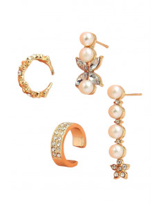 Set elegant de cercei si ear cuff, verigute si floricele, cu cristale si perle